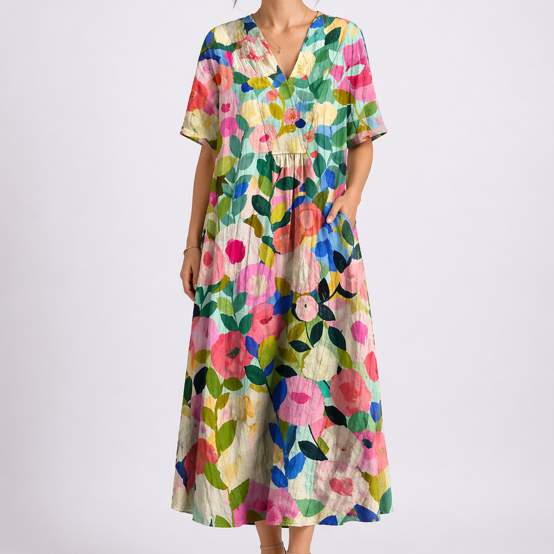Zara floral V neck midi dress - front view